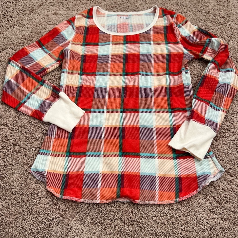 Small old navy waffle knit plaid pajama pj top long sleeves orange plaid fall